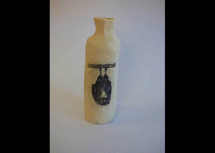 “Bottiglia” – 2013 Ceramica con immagini e scrittura 8x24x8 cm