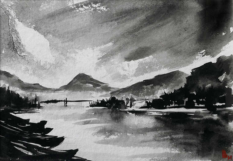 Lago di Lecco 16 - Lago di Lecco - china su carta pressata a mano, 35 x 56  cm